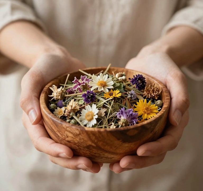 Close-up photography of a person's hands holding a wooden bowl filled with dried organic herbs and flowers. Soft Linen background. Western European / French setting. Calm and serene studio lighting.