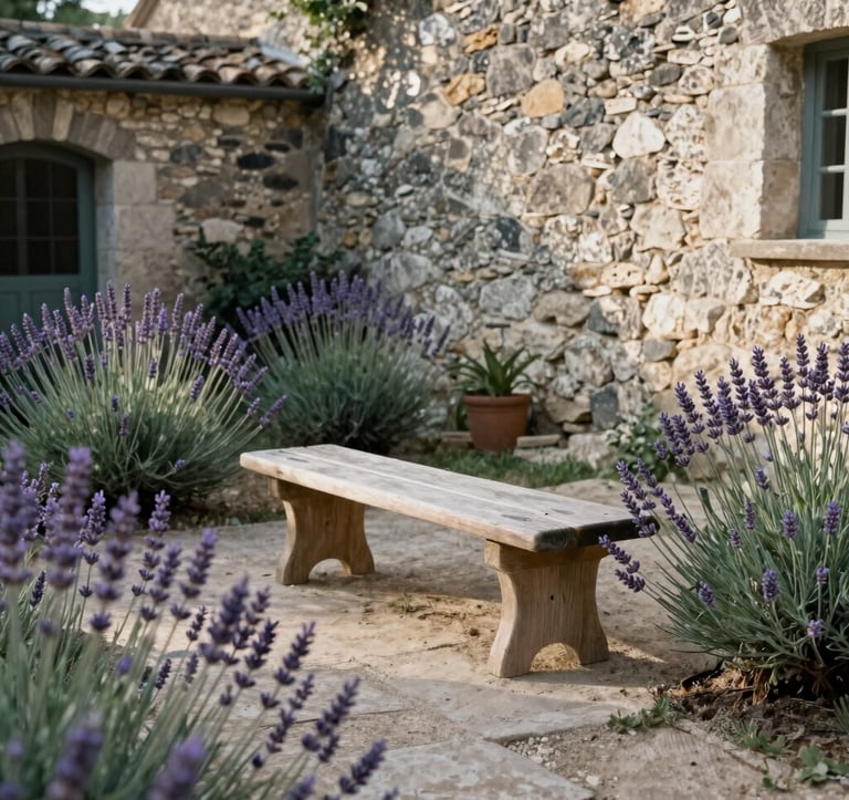 An outdoor meditation space with a simple wooden bench, surrounded by lavender and old stone walls in a Western European / French garden. Soft morning sunlight. Warm Greige and Sage Teal color palette.