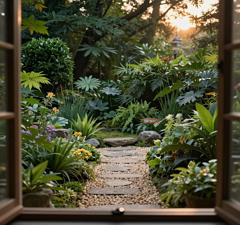 Cinematic photography of a peaceful meditation garden in Western Europe / French region. Lush Deep Forest Green plants, a small stone path in Soft Warm Pebble color, and the soft glow of sunset light. The composition is balanced and calming, looking through a window frame.