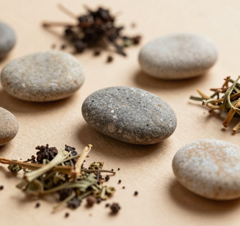 An artistic close-up photograph of natural elements used in holistic therapy: dried herbs and smooth stones on a warm beige surface. The lighting is soft and natural, emphasizing textures and a sense of harmony with nature in a Western European / French context.