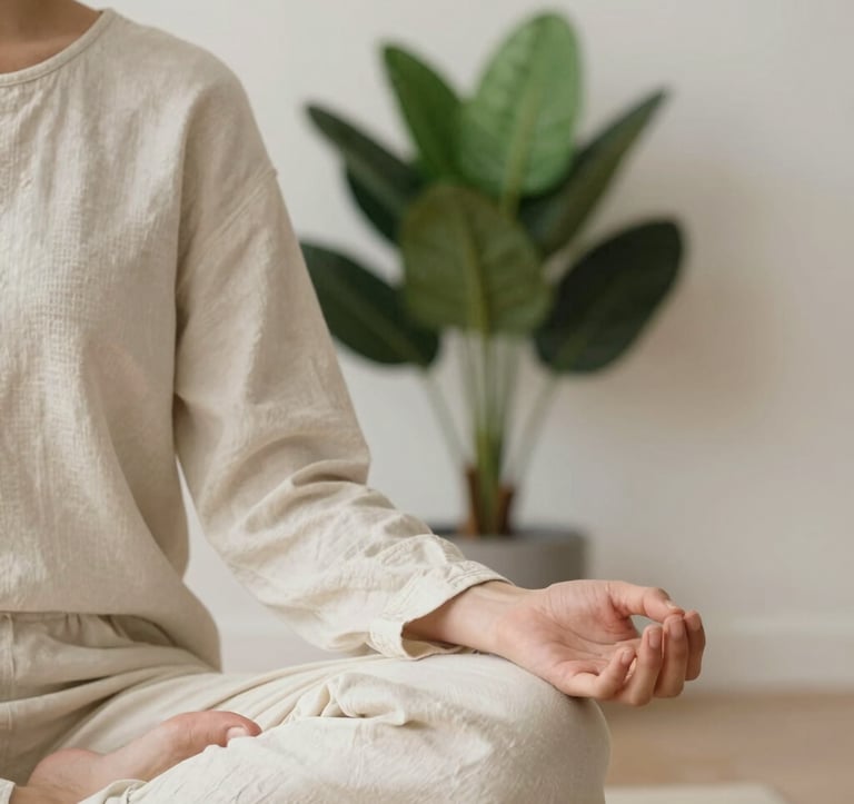 Close-up photography of a person in a state of calm meditation in a modern Western European / French interior. The person is wearing light-colored, natural fabrics. Background features minimalist decor in Airy Alabaster Cream and a single Deep Forest Green plant.
