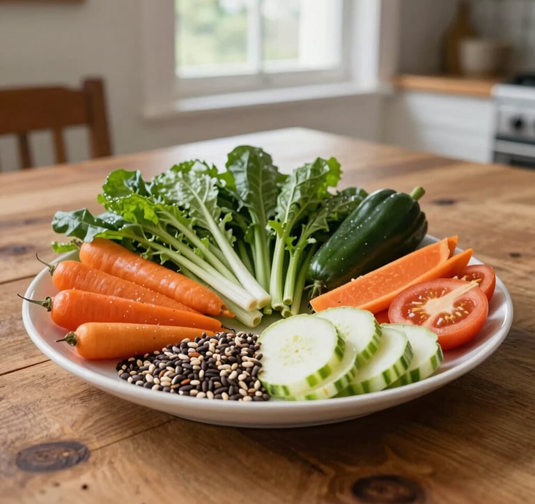 A beautifully arranged plate of fresh, vibrant vegetables and seeds on a rustic wooden table. Natural window light. Western European / French home kitchen. Clean, aesthetic composition, professional food photography.