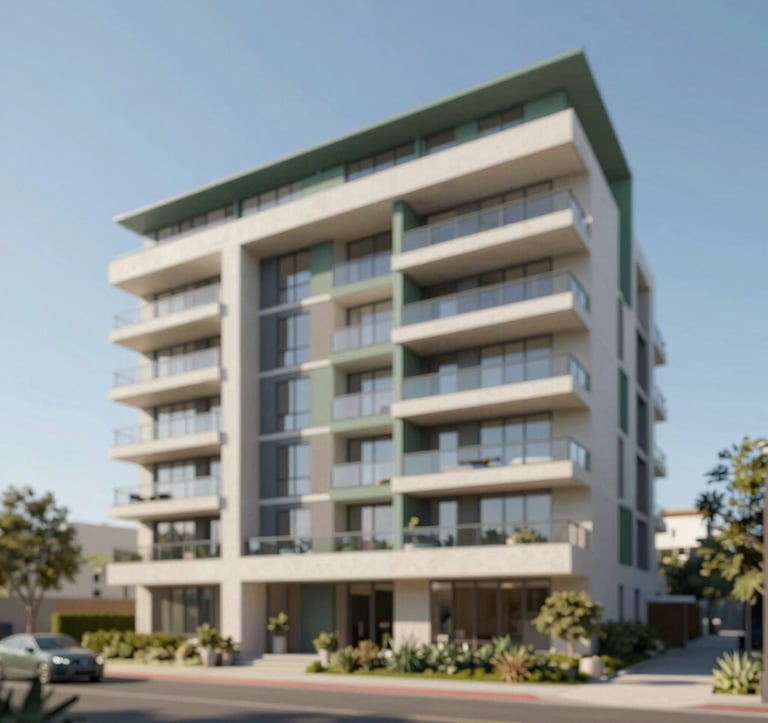 A sophisticated multi-dwelling development featuring three levels of luxury apartments. The design incorporates clean horizontal lines, muted green accents in #4A5759, and beige stone in #C8B8A3. Set against a clear blue Australian sky with professional landscaping.