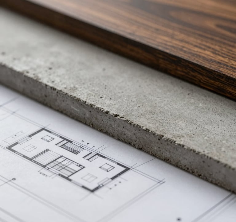 A macro shot of architectural blueprints layered over high-quality construction materials like polished concrete and dark oak. This represents precision and planning. Soft, focused lighting highlighting the fine details and textures of #C8B8A3.