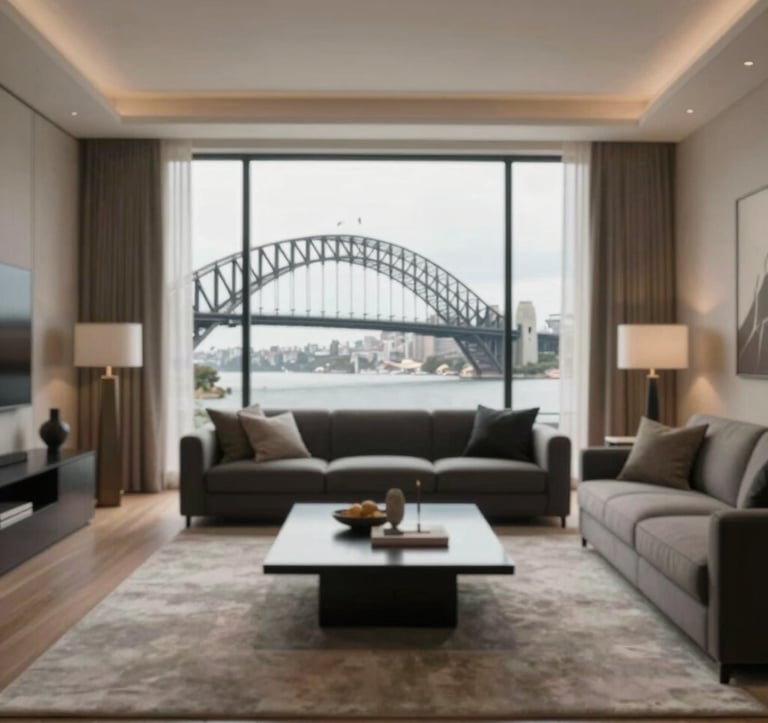 Wide shot of a finished luxury interior with a view of the Sydney Harbour Bridge through a massive window. The interior styling uses the brand palette: #F5F2ED walls, #212121 furniture accents, and #C8B8A3 rugs. The lighting is soft and natural.