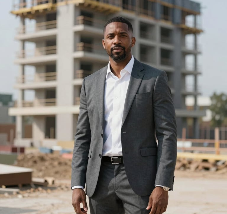 A professional portrait of Marcus Vance, a man in his 40s with an air of established trust. He is dressed in business casual attire, standing on a residential construction site with a high-end, partially finished modern structure in the background. The color palette emphasizes industrial slate #4A5759 and deep charcoal #212121.