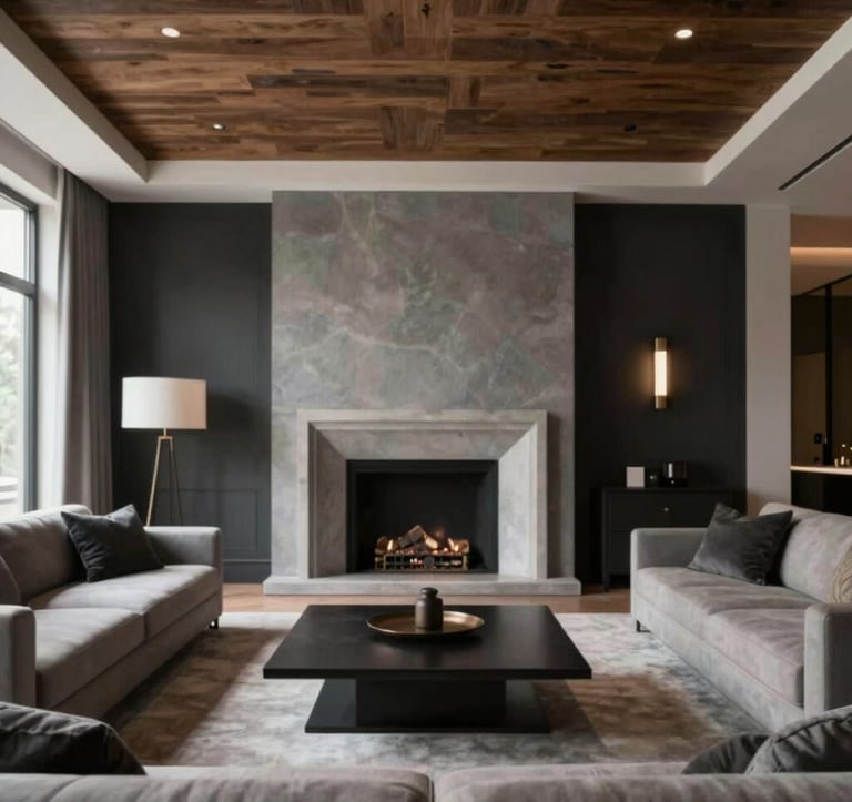 An interior shot of a luxury living room showing bespoke craftsmanship: a hand-finished timber ceiling, custom stonework fireplace, and minimalist luxury furniture. The lighting is soft and sophisticated. The color palette incorporates rich textures of #C8B8A3 and #212121.