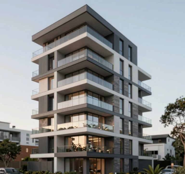 A sophisticated multi-dwelling development in an upscale NSW suburb. The architecture features modern glass balconies and textured stone cladding in #C8B8A3 tones. Precision construction is evident in the seamless joins and clean edges. High-end, luxury aesthetic under soft daylight.