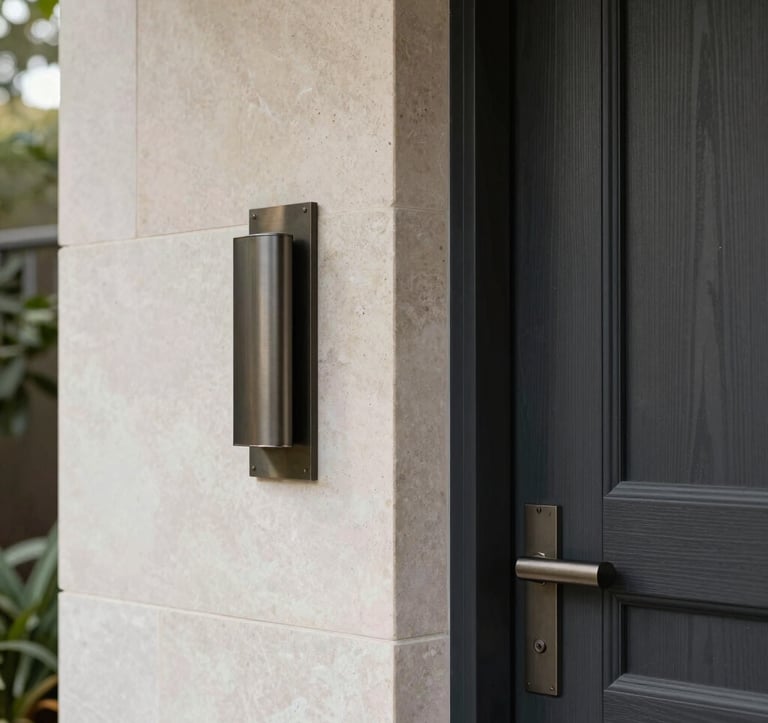 Close-up detail of a custom-built luxury home entrance in Sydney. Focus on high-quality materials like natural stone, dark wood accents in #212121, and brushed metal hardware. The lighting is precise and elegant, emphasizing the texture and build quality.