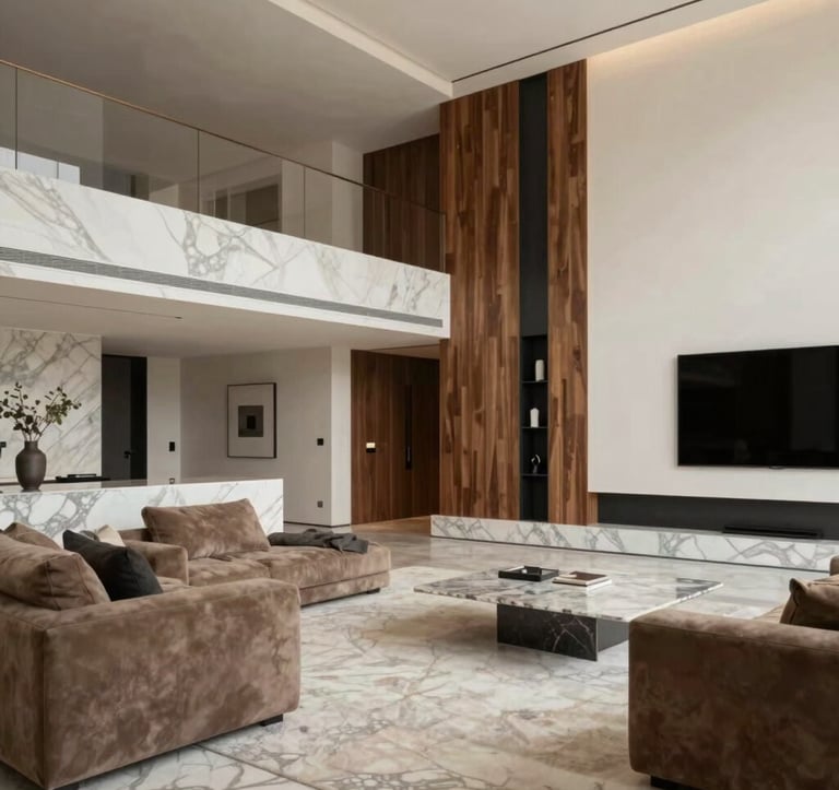Interior of a bespoke luxury custom home. Focus on high-end materials like marble and native Australian hardwoods. The lighting is sophisticated and architectural, emphasizing the craftsmanship and quality of the build. The palette includes #F5F2ED walls and #212121 accents.
