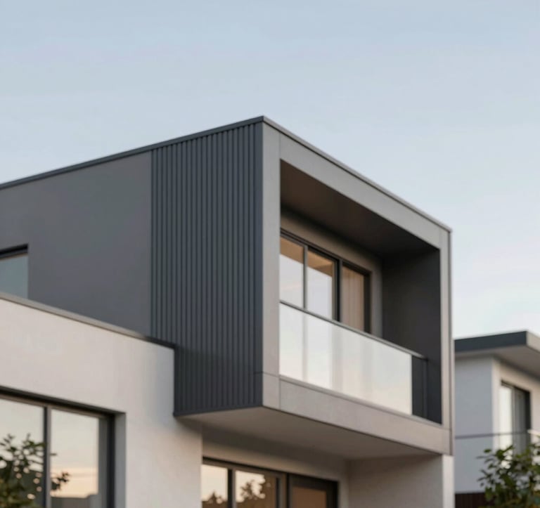 A close-up architectural detail of a modern townhouse development. Sharp angles, premium metal cladding, and innovative lighting. The style is ultra-modern and precise, using a palette of #4A5759 and #F5F2ED against a clear NSW sky.