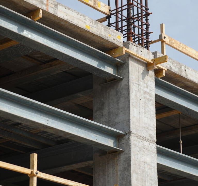 An architectural detail shot emphasizing structural strength. High-quality steel frames and reinforced concrete meet with surgical precision. The lighting highlights the geometric perfection and the safety-first approach of the construction site, using brand colors.