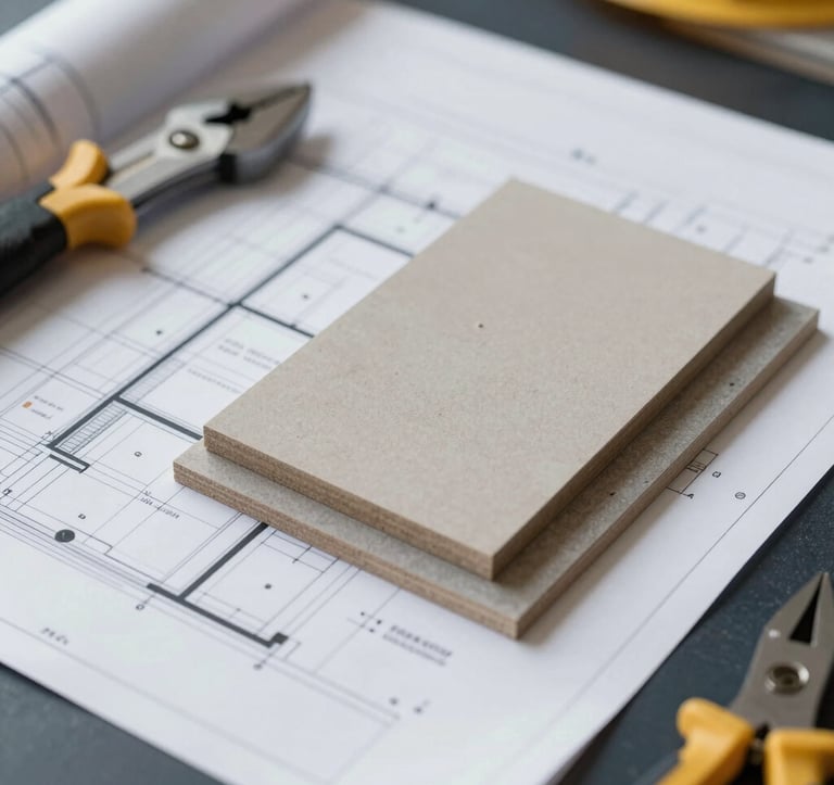 Close-up detail of high-quality construction materials and architectural site plans spread over a dark surface (#212121). A focus on precision tools and material samples in #C8B8A3 and #4A5759, representing structural safety and engineering excellence.