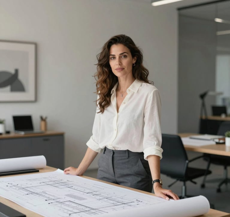 A professional portrait of a woman in her late 30s, Elara Jenkins, looking confident in a sophisticated architectural studio. She is standing near a large drafting table with blueprints. The lighting is soft and natural. The background features high-end office decor in #4A5759 slate and #F5F2ED off-white tones, reflecting an environment of precision and design excellence.
