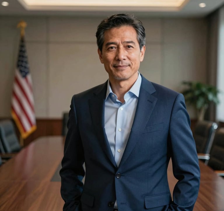 A professional headshot of a mature executive in a navy blue suit, standing before a blurred backdrop of a sophisticated, modern North American boardroom. The lighting is cinematic.