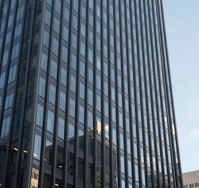 A sharp, professional photograph of a modern glass skyscraper's facade in a North American city. The lighting is bright day, emphasizing the clean architectural lines and Slate Gray tones of the structure against a clear sky.