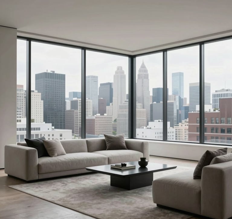 An interior shot of an elegant, minimalist penthouse living room with floor-to-ceiling windows overlooking a US city skyline. The furniture is sleek and modern in neutral tones of slate gray and off-white. The atmosphere is serene and exclusive.