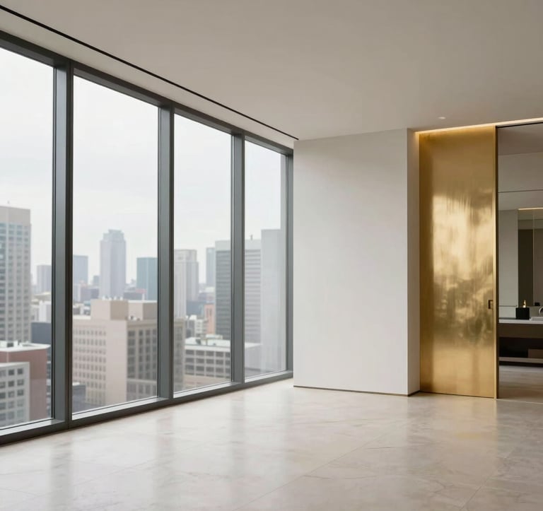 A wide-angle, minimalist photograph of a luxury penthouse interior in a North American city. The decor features Off White textures and Gold metallic details, with floor-to-ceiling windows showing a blurred cityscape in daylight.
