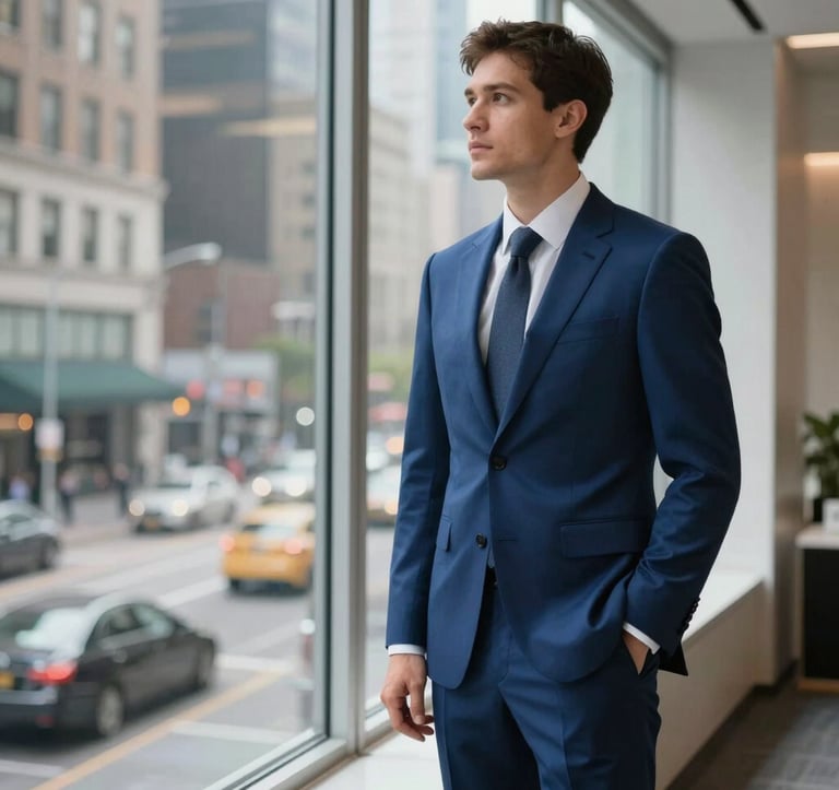 A sharp, high-end photograph of a financial professional in a steel blue suit, standing by a large window overlooking a bustling North American metropolitan street. The composition is modern and minimalist.