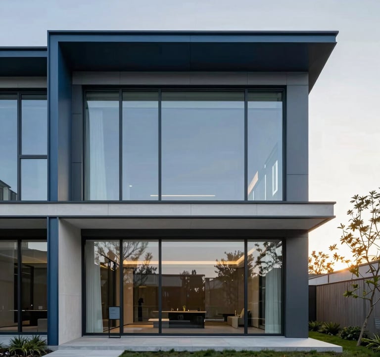 Exquisite architectural photography of a minimalist luxury residential development in a North American setting. The design features clean lines, steel blue metal accents, and expansive glass, captured in the soft, diffused light of early morning.