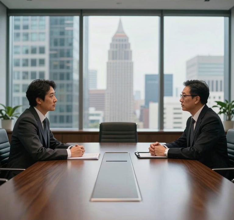 A photograph of a professional meeting between two individuals in tailored business attire, viewed from a distance in a glass-walled conference room. The setting is a premium North American office building with a view of architectural landmarks.