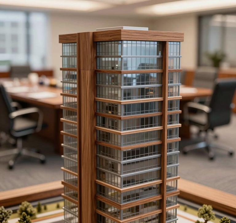 A macro photograph of a high-end architectural model of a modern office building, made of wood and glass. The background is a blurred upscale boardroom in a North American city. Lighting is soft and warm, highlighting textures of mahogany and metal.