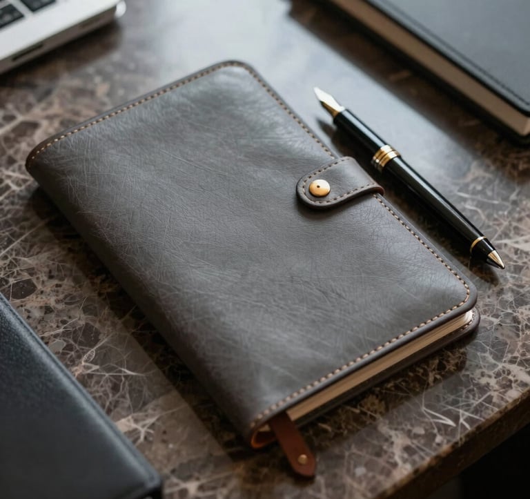 A close-up, top-down photograph of a leather-bound portfolio and a high-end fountain pen on a polished marble desk in a North American office. The scene is lit with soft, professional lighting, using a palette of Slate Gray and Gold.