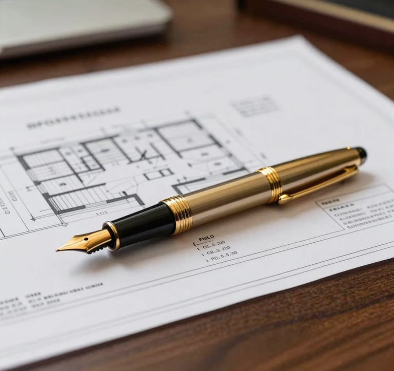 Close-up macro shot of a gold fountain pen resting on top of detailed architectural blueprints and financial charts. The background is a dark wood executive desk in a professional US office setting.