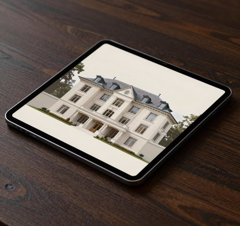 Minimalist close-up of a high-end digital tablet on a dark wood desk, displaying a sophisticated architectural layout of a Geneva mansion. Professional lighting, soft shadows, off-white and deep black color scheme.