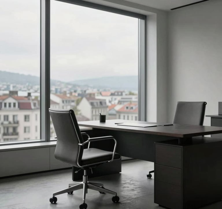A refined, minimalist workspace in a high-ceilinged office in Geneva. A single designer chair, a clean dark desk, and a large window overlooking the city. Airy composition, quiet luxury aesthetic, soft natural light.