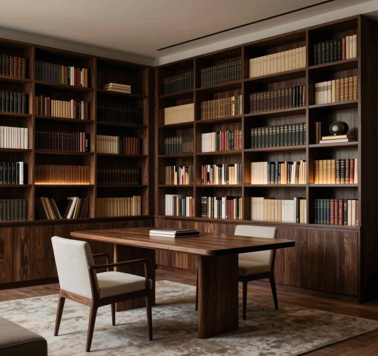 Photography of a private, elegant library in a Geneva estate, featuring dark wood, minimalist furniture, and soft golden accent lighting. Atmosphere of confidentiality and exclusive off-market luxury.