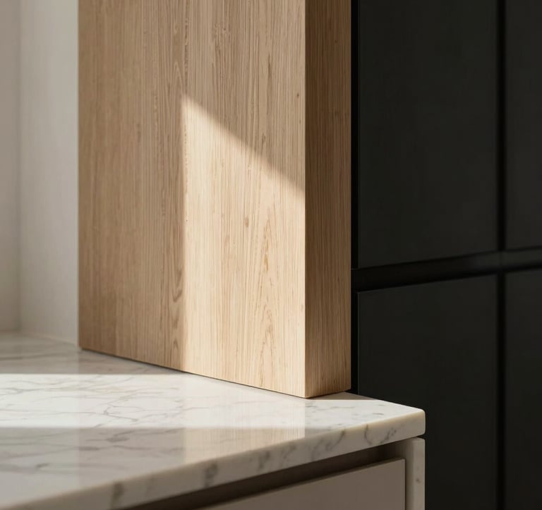 Close-up photography of high-quality interior materials in a Geneva luxury apartment. Soft morning light hits a polished marble surface and light oak wood. Minimalist and airy composition, professional architectural photography style using off-white and deep black tones.