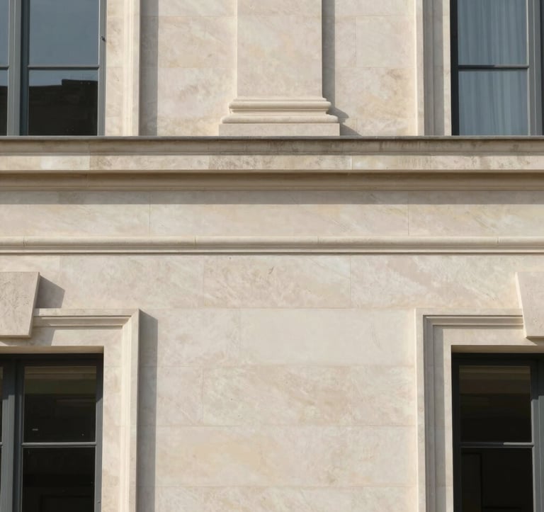 Abstract and elegant architectural detail of a private mansion's limestone facade. Clean lines, minimalist composition, soft European sunlight, conveying a sense of exclusivity and off-market privacy.