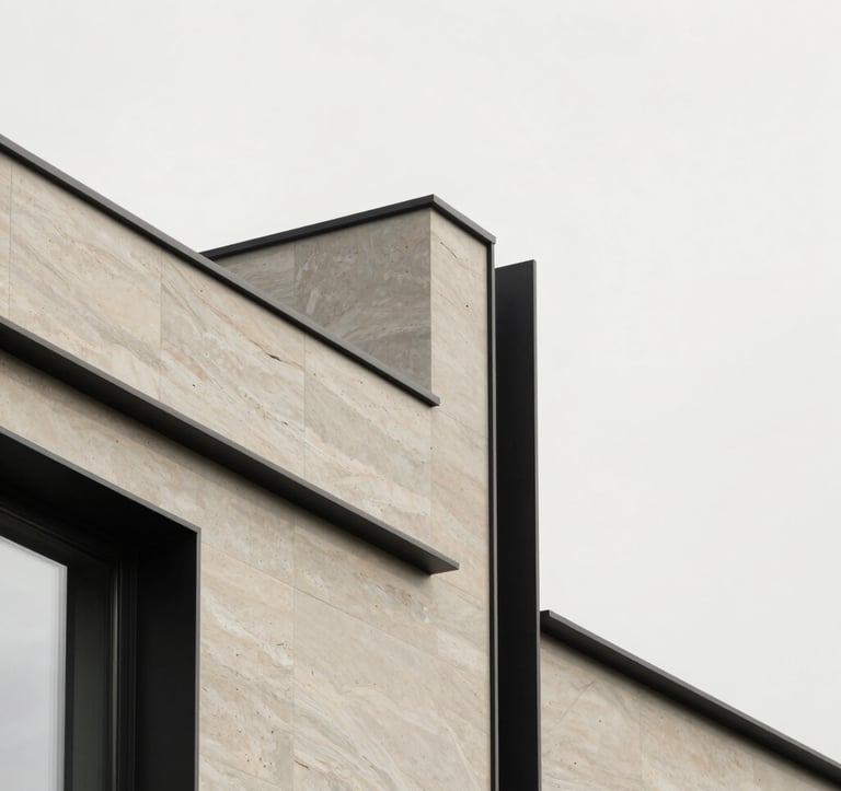 Architectural detail of a high-end residential facade in Geneva, showcasing minimalist stone textures and clean black metal lines against a bright off-white background. European / Swiss luxury style.
