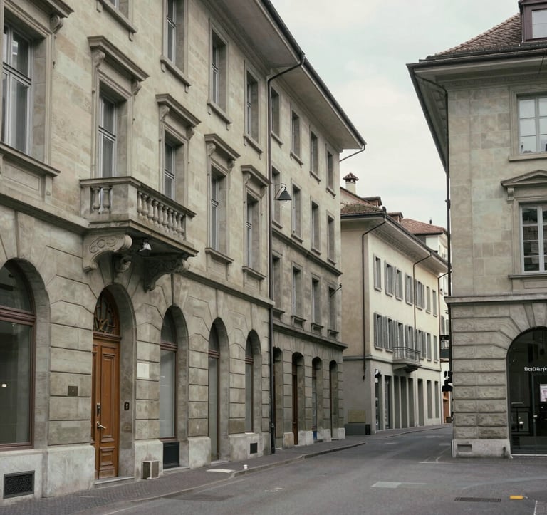 Clean, architectural view of a classic luxury street in Geneva's old town. Limestone buildings, elegant details, minimalist frame, soft daylight, quiet luxury vibe. European Swiss context.