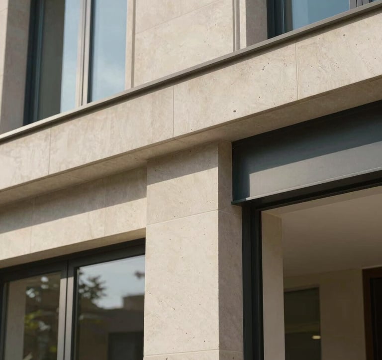 Close-up architectural detail of a high-end European residence in Geneva, focusing on the interface between off-white limestone and dark steel frames, soft natural morning light, magazine-style composition.