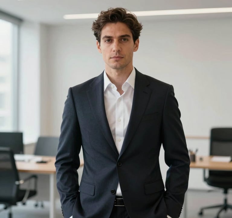 A sophisticated professional portrait of a man in a tailored dark suit, standing in a brightly lit, minimalist office space in Geneva. Quiet luxury style, soft focus background, Swiss professional attire.