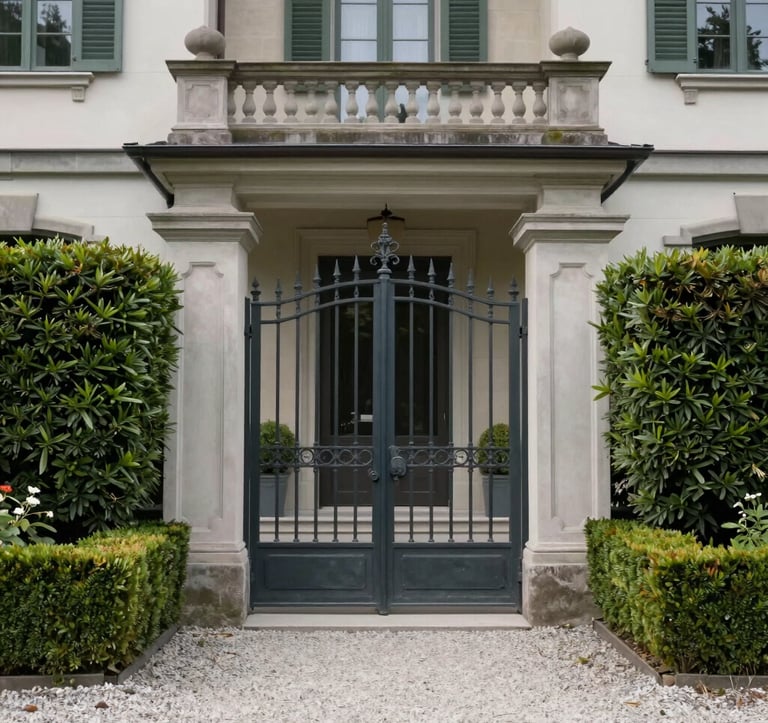 Photography of a discreet, elegant entrance to a private mansion in the European Swiss style. Clean gravel, manicured hedges, and a heavy dark metal gate. Soft, overcast lighting creating a professional and exclusive atmosphere.
