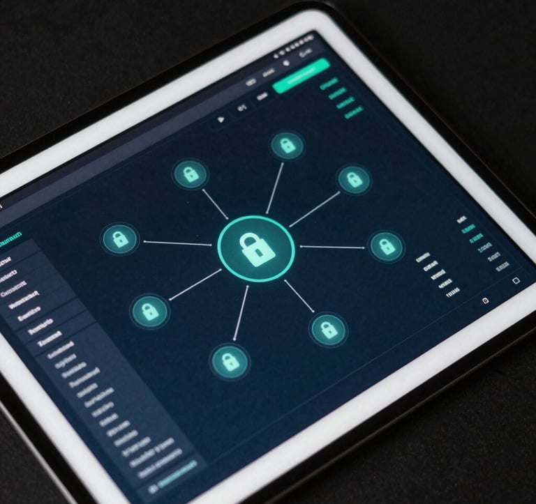 A professional, top-down photograph of a high-tech tablet displaying a clean, sophisticated financial dashboard. The interface shows interconnected nodes and blockchain data in dark teal and navy tones. The lighting is crisp and modern, emphasizing security and transparency.