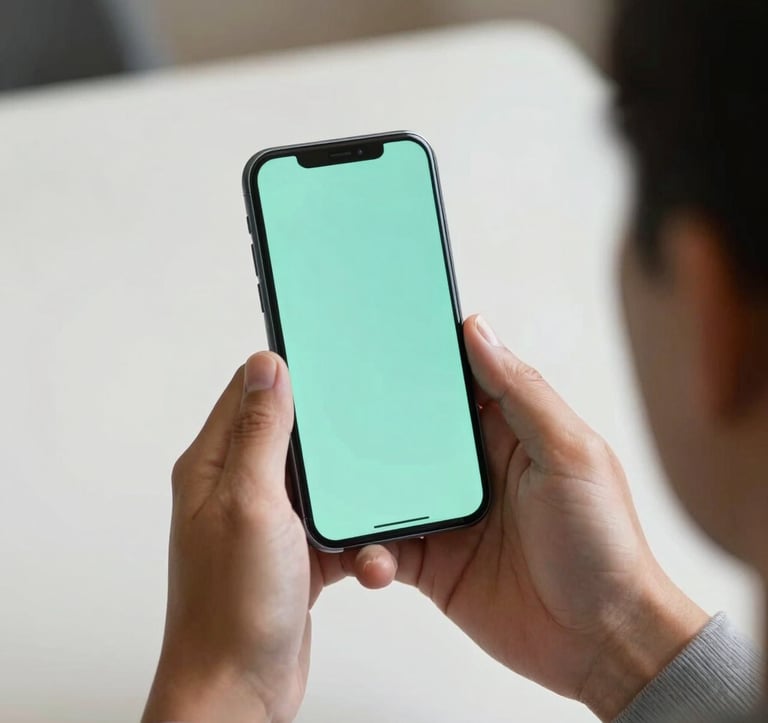 A crisp, detailed photograph of a person's hands holding a high-end smartphone. The screen reflects a soft aquamarine light. The background is a clean, off-white professional environment, out of focus.