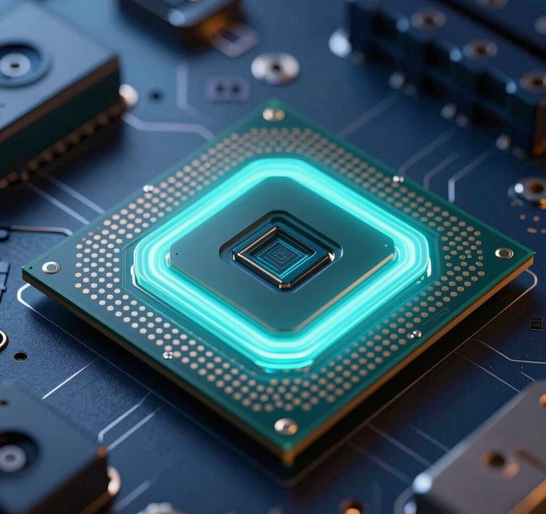 A close-up of a high-tech processor glowing with soft teal energy, surrounded by dark navy metallic components. The lighting is sharp and professional, conveying cutting-edge AI development and foundation.