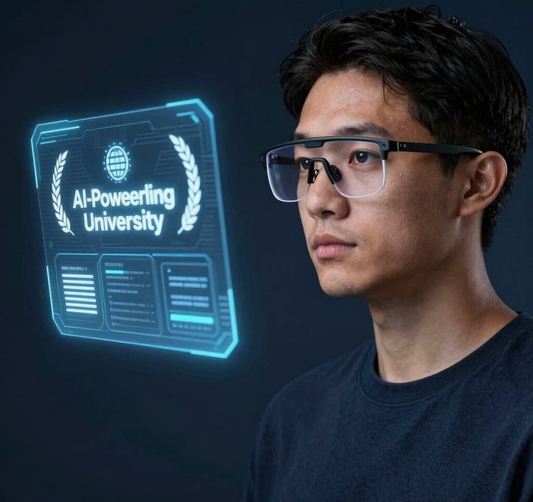 A professional portrait of a diverse person wearing high-tech glasses, looking at a glowing misty blue holographic educational interface. The background is a clean, dark navy studio setting, symbolizing the AI-powered digital university experience.