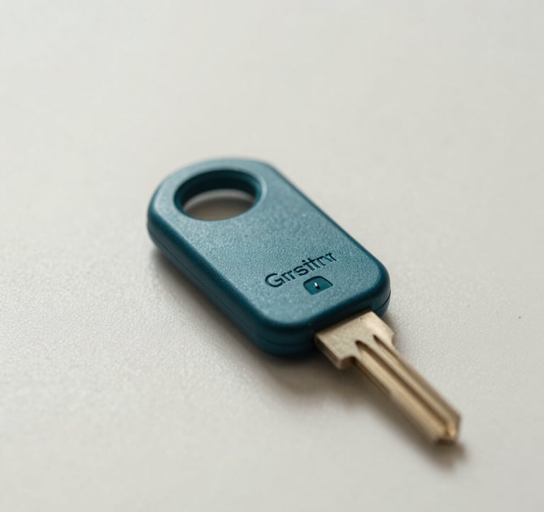 A macro photograph of a sleek, dark teal hardware security key placed on a polished off-white surface. The composition is minimalist and focuses on the security and trust of the token ecosystem.