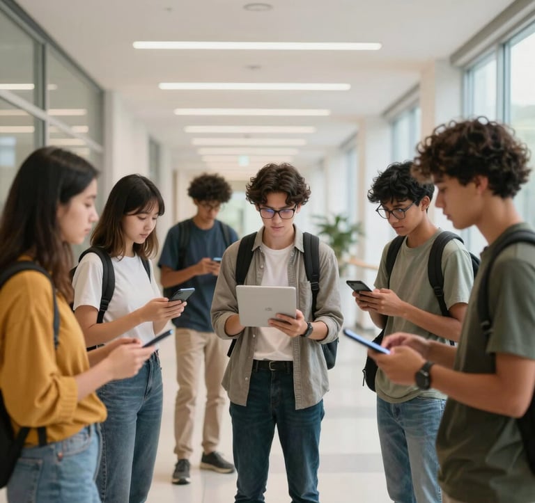 A bright, clean photography of a diverse group of students in a futuristic university corridor, illuminated by soft off-white light. They are engaged with advanced technology, emphasizing a successful global educational expansion.