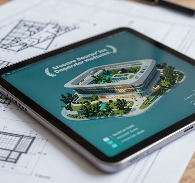 A close-up shot of architectural blueprints for a modern educational facility, partially covered by a sleek, transparent tablet showing digital token data. The lighting is bright and clean with deep teal accents, suggesting growth and secure investment.