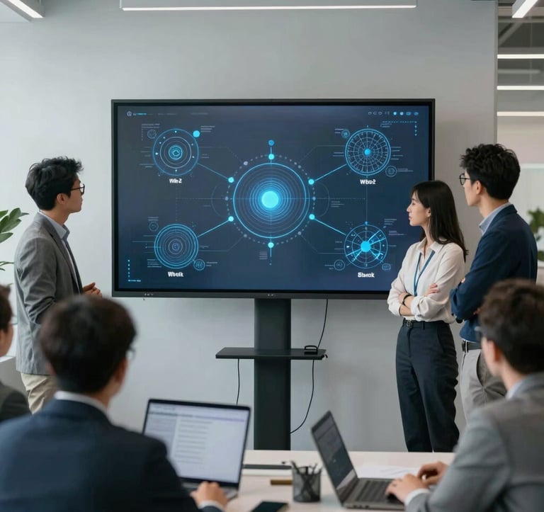 A group of professional innovators in a bright, modern office space collaborating around a large screen displaying Web3 infrastructure nodes. The scene uses soft grey and misty blue tones to evoke a sense of collaborative, sophisticated technology.