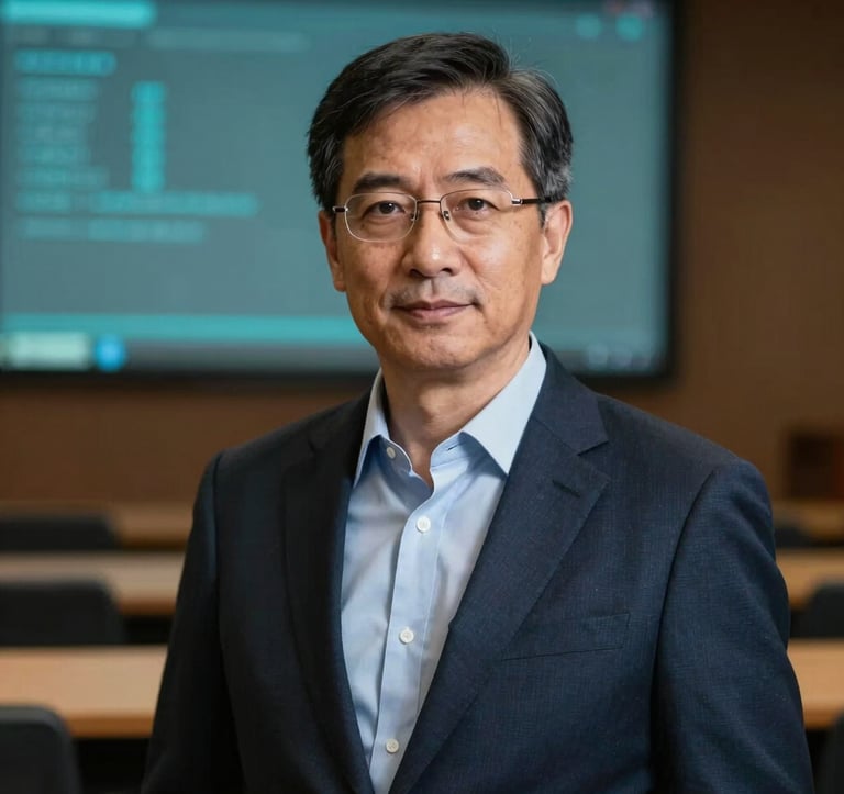 A high-quality portrait of a sophisticated, hyper-realistic AI avatar acting as a professor. The avatar is dressed in professional attire with a background of a blurred digital lecture hall in dark navy and teal lighting, looking forward with clarity and impact.