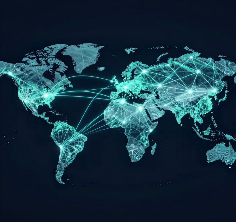 A high-speed photography shot of a digital network visualized as glowing soft teal light trails connecting major global hubs on a dark navy background. The image represents global connectivity and blockchain launch.