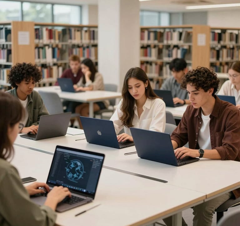 A lifestyle photograph of a diverse group of global students collaborating in a modern, sun-drenched library. The scene is filled with off-white furniture and dark navy laptop accents, symbolizing global connectivity.