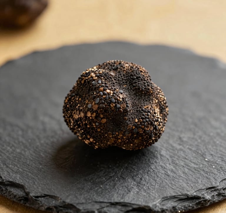 Top-down, high-fashion food photography of a single, premium black truffle on a textured slate plate, illuminated by sharp golden light. The mood is expensive and professional, featuring #0F0F0F and #D4AF37 tones.